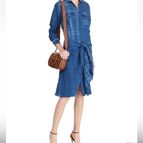 Polo Ralph Lauren Indigo Dyed Blue Plaid Linen Tie Front Sarong Shirt Dress - Picture 5 of 16